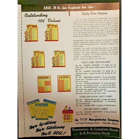 Vintage 1950's Fun Manufacturing Co Advertising Sales Sheet Naperville IL NOS - Picture 1 of 6